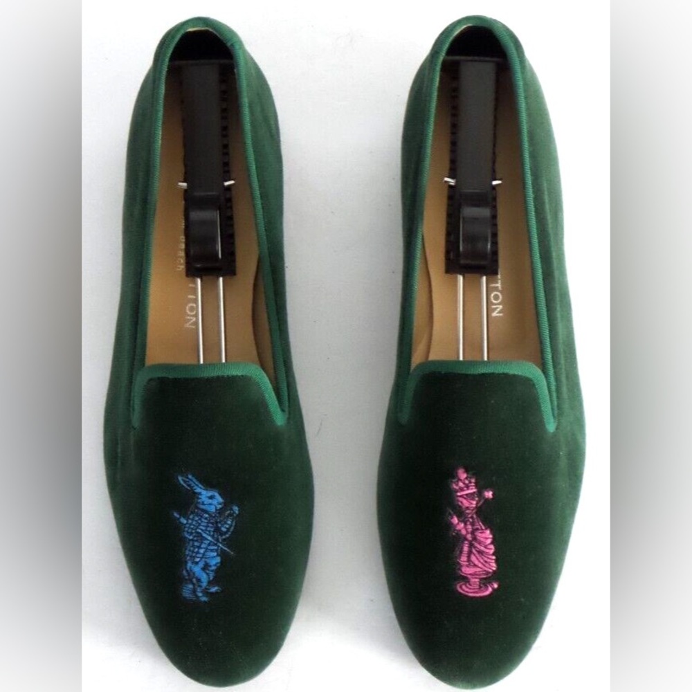 Stubbs & Wootton Dark Green Loafers with Blue and Pink Embroidery
